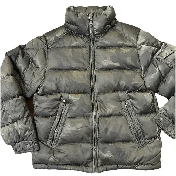 Moncler Maya Giubbotto Green Camo Coat Boys 6 Green Zip Up Down Feather Jacket - Picture 1 of 16